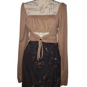 Womens Milkmaid Style Cropped Peasant Blouse Large Cut Out, Smocked Long‎ Sleeve